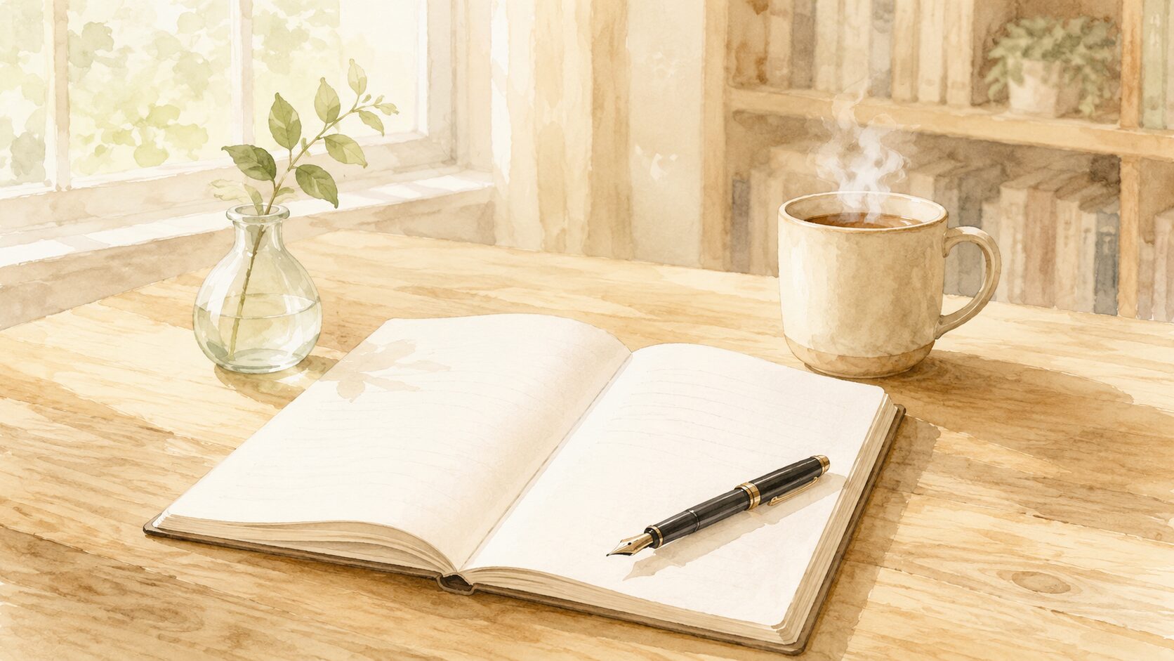 開かれたノートと万年筆、湯気の立つコーヒー、窓辺のグリーン。朝の書斎の静物画。